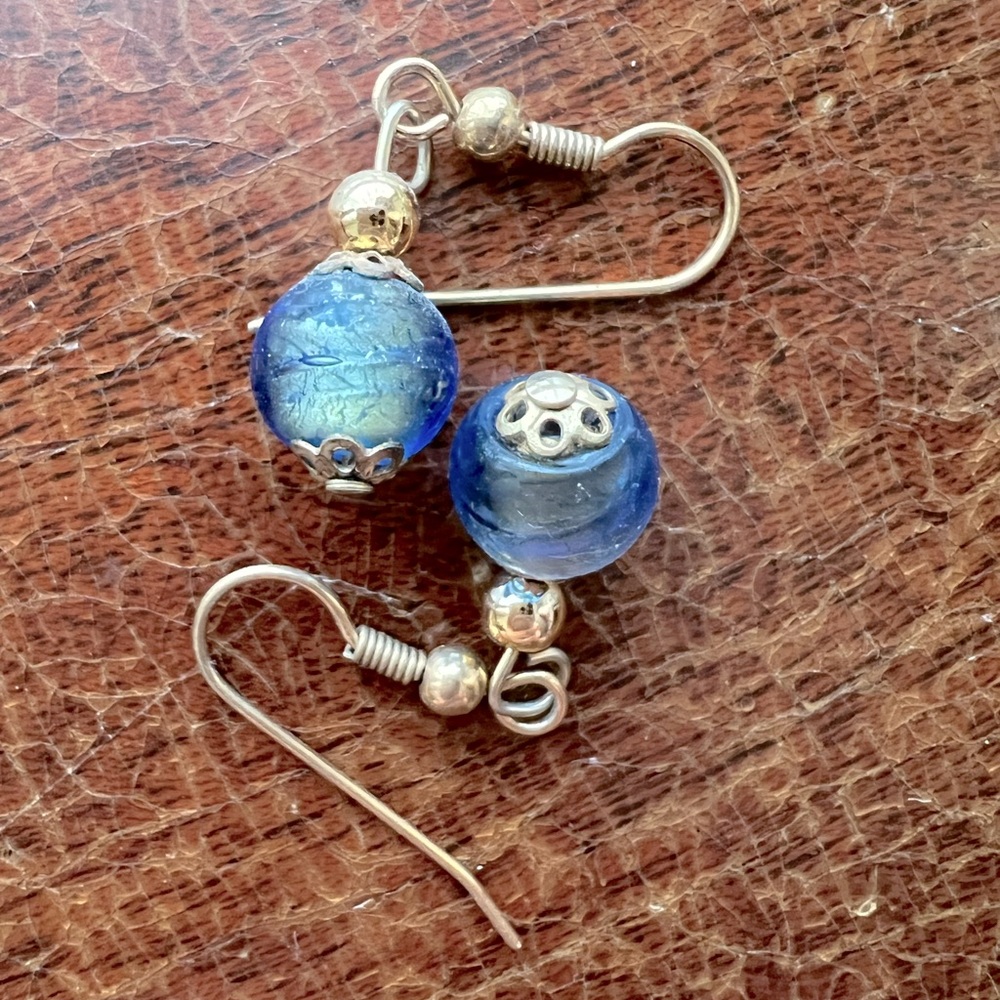 Blue Roman Glass silver dangle earrings, 1-1/4”L, 3/8”w bought in OBX